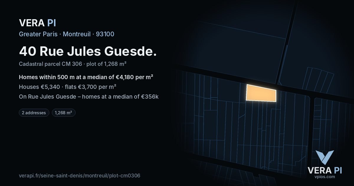 40 Rue Jules Guesde, Montreuil at night – the plot lit, the parcels around coloured by the prices near them