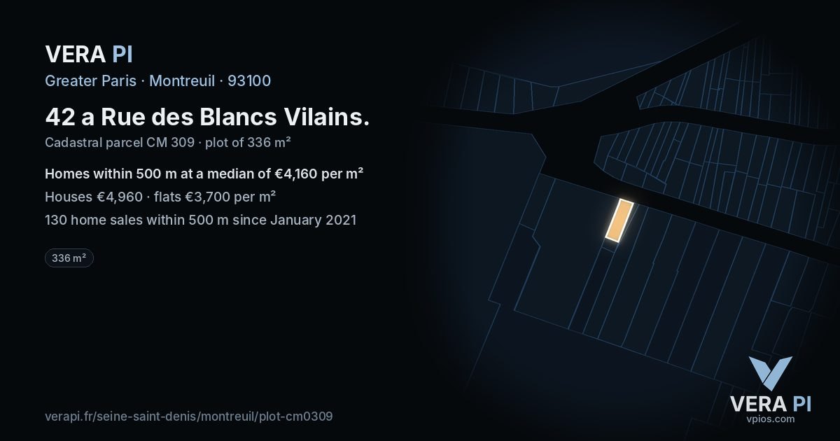 42 a Rue des Blancs Vilains, Montreuil at night – the plot lit, the parcels around coloured by the prices near them