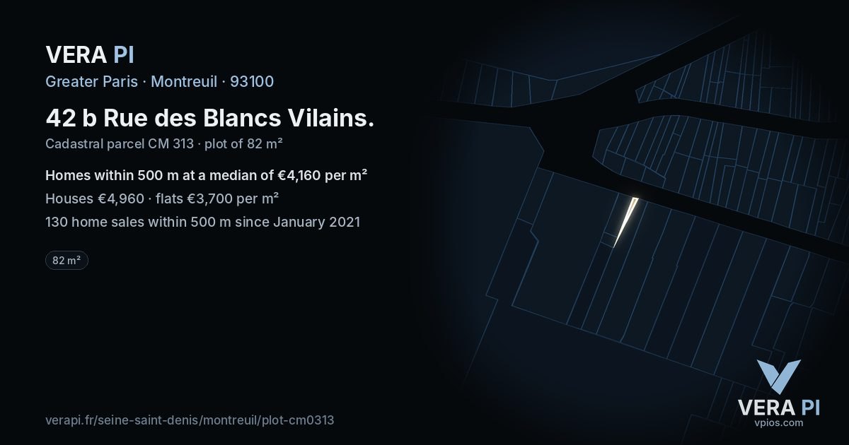 42 b Rue des Blancs Vilains, Montreuil at night – the plot lit, the parcels around coloured by the prices near them