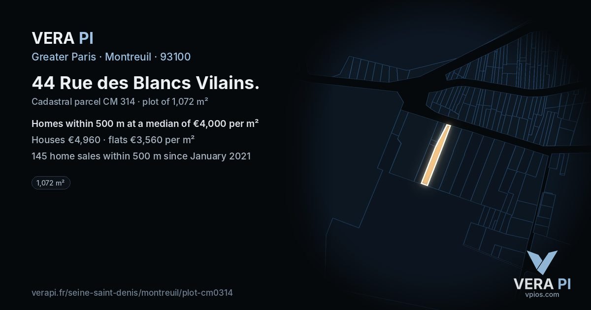 44 Rue des Blancs Vilains, Montreuil at night – the plot lit, the parcels around coloured by the prices near them