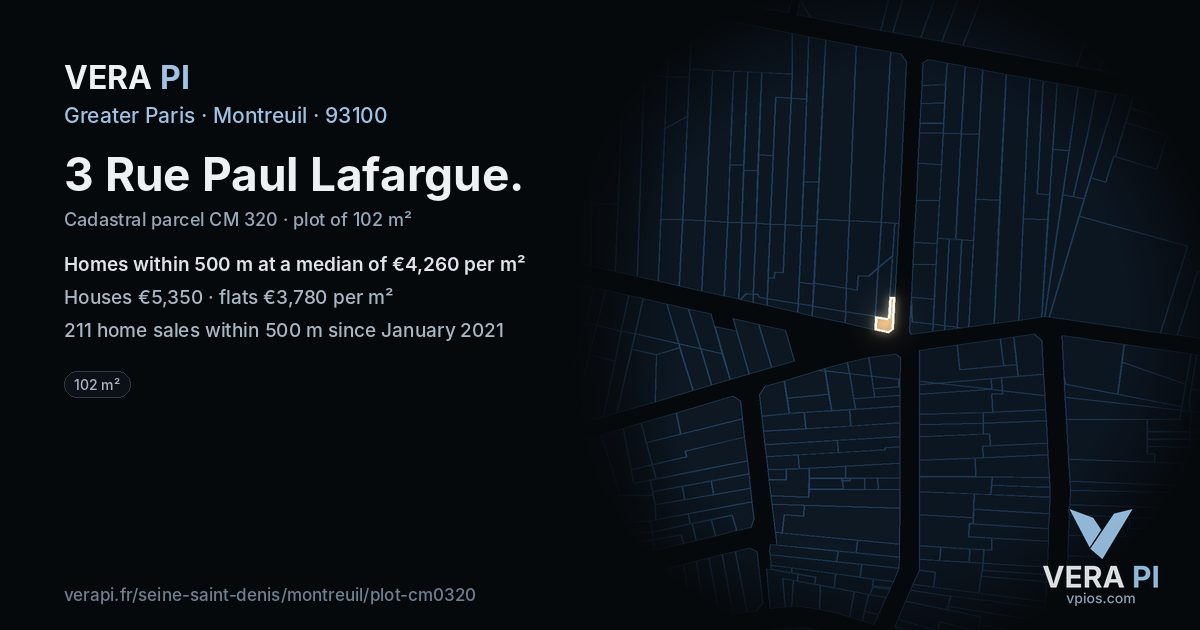 3 Rue Paul Lafargue, Montreuil at night – the plot lit, the parcels around coloured by the prices near them