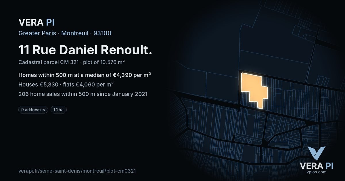 11 Rue Daniel Renoult, Montreuil at night – the plot lit, the parcels around coloured by the prices near them
