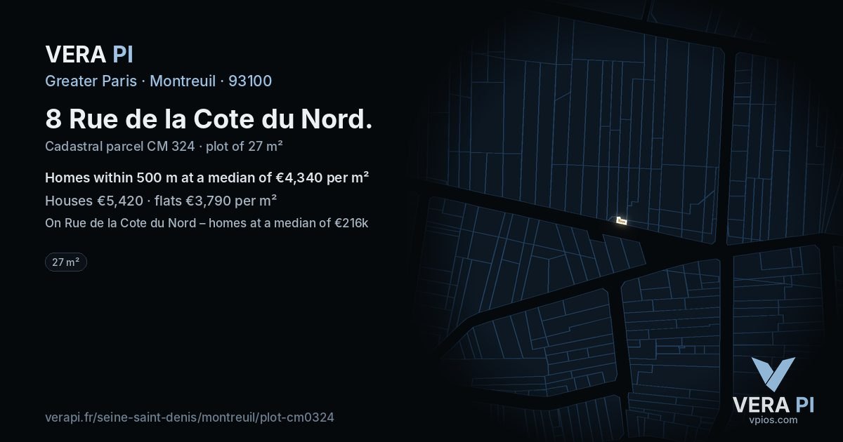 8 Rue de la Cote du Nord, Montreuil at night – the plot lit, the parcels around coloured by the prices near them