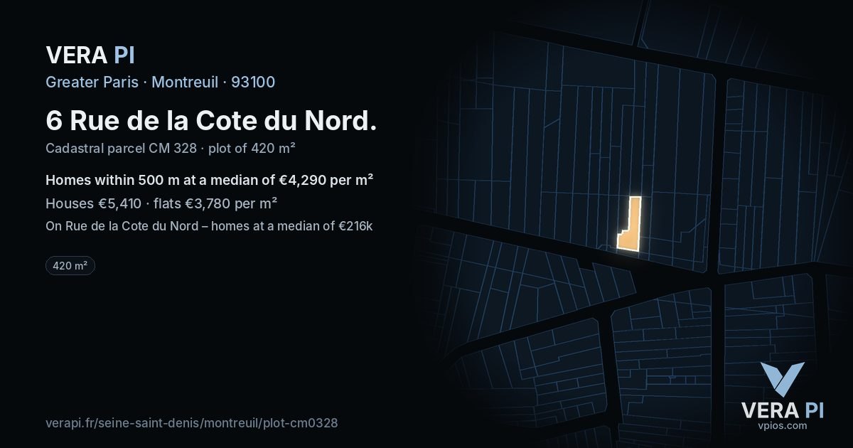 6 Rue de la Cote du Nord, Montreuil at night – the plot lit, the parcels around coloured by the prices near them