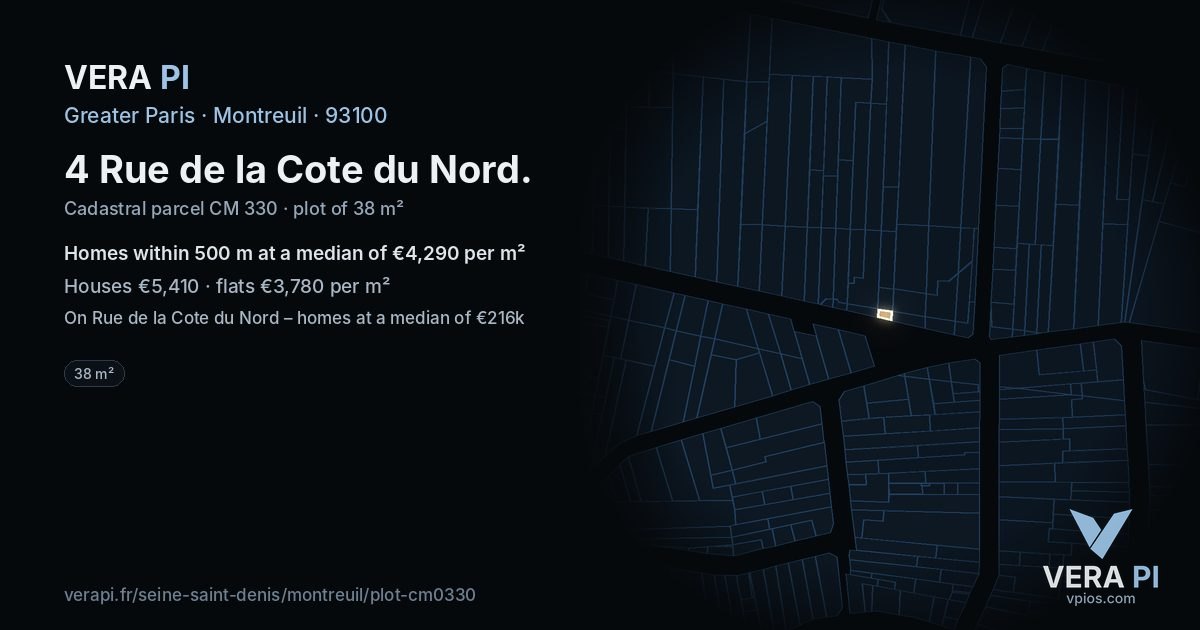 4 Rue de la Cote du Nord, Montreuil at night – the plot lit, the parcels around coloured by the prices near them