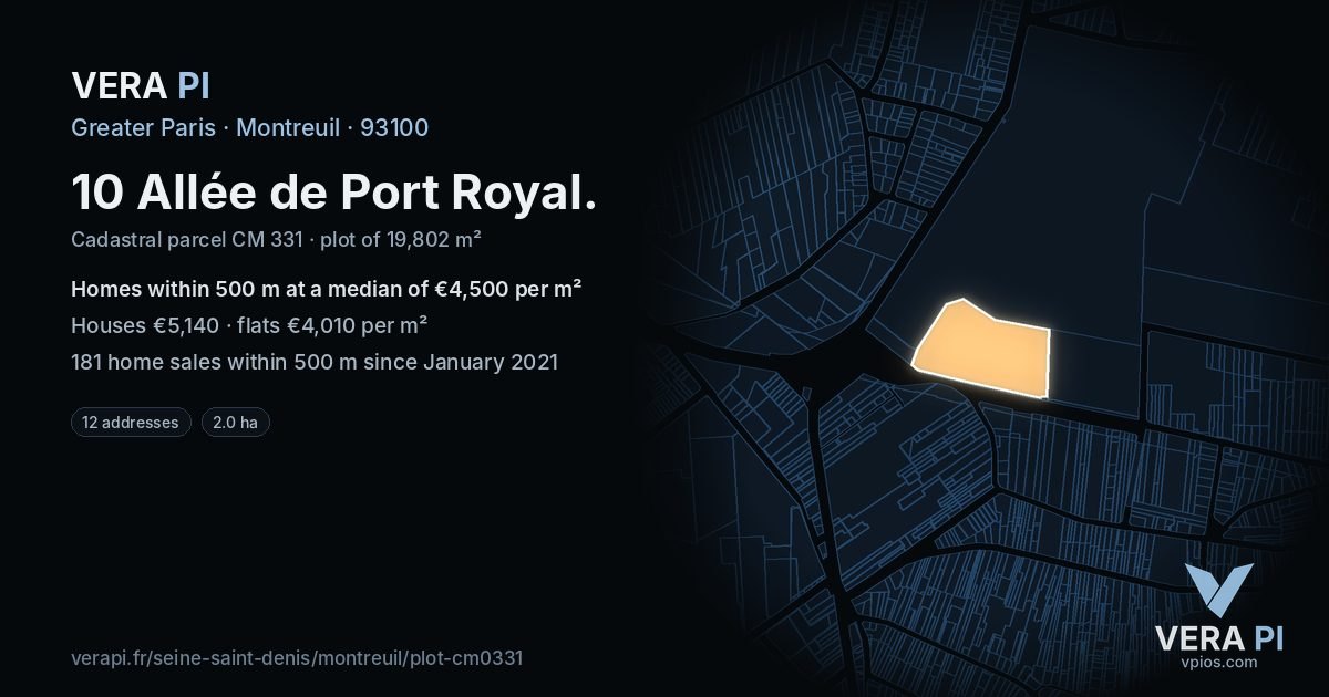 10 Allée de Port Royal, Montreuil at night – the plot lit, the parcels around coloured by the prices near them