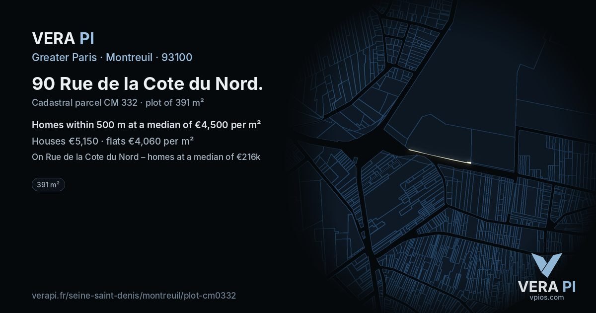 90 Rue de la Cote du Nord, Montreuil at night – the plot lit, the parcels around coloured by the prices near them