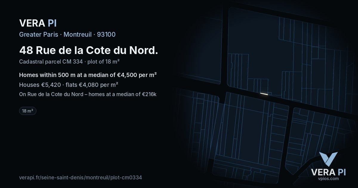 48 Rue de la Cote du Nord, Montreuil at night – the plot lit, the parcels around coloured by the prices near them