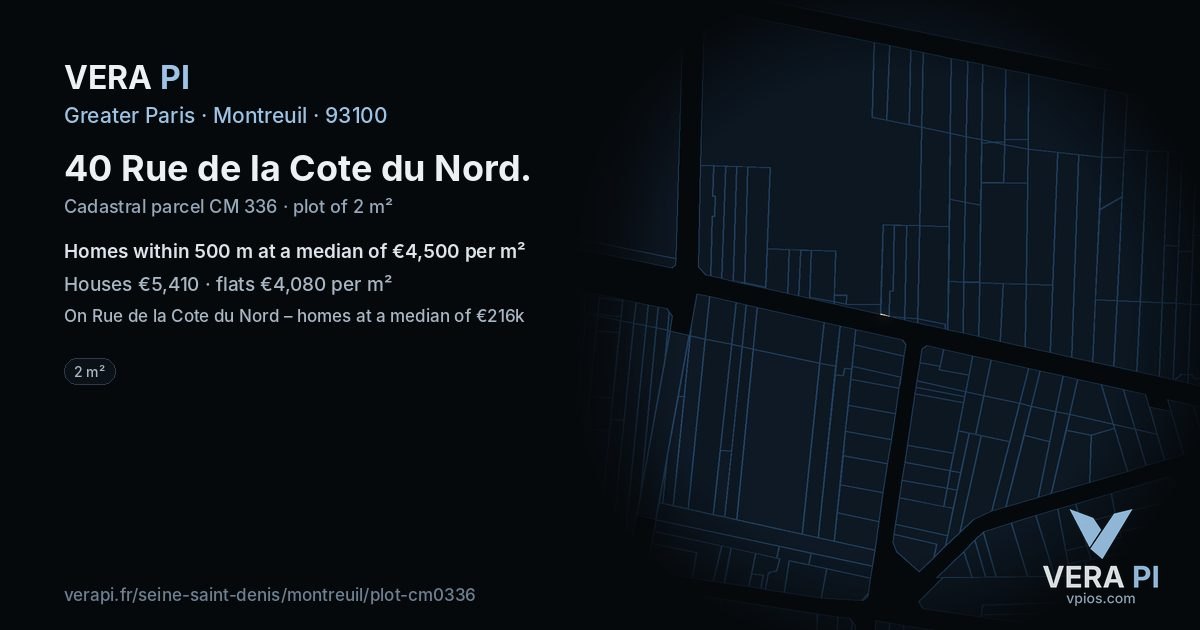 40 Rue de la Cote du Nord, Montreuil at night – the plot lit, the parcels around coloured by the prices near them