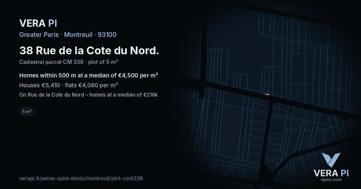 38 Rue de la Cote du Nord, Montreuil at night – the plot lit, the parcels around coloured by the prices near them