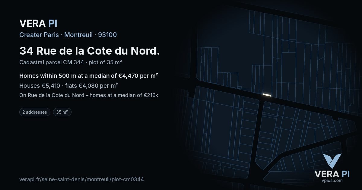34 Rue de la Cote du Nord, Montreuil at night – the plot lit, the parcels around coloured by the prices near them