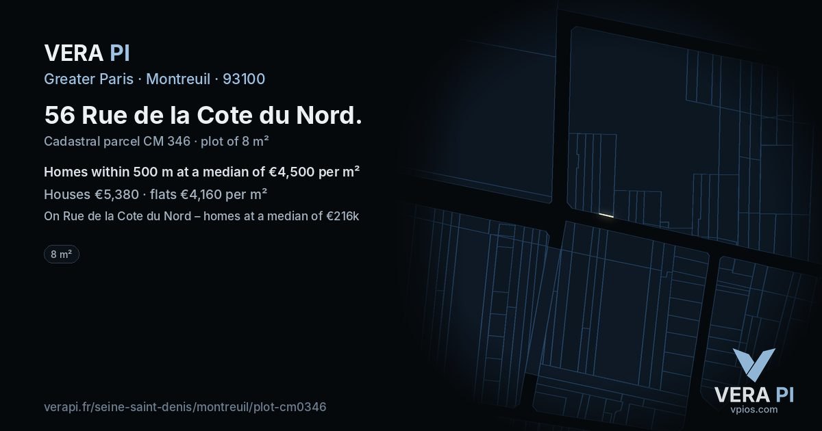 56 Rue de la Cote du Nord, Montreuil at night – the plot lit, the parcels around coloured by the prices near them