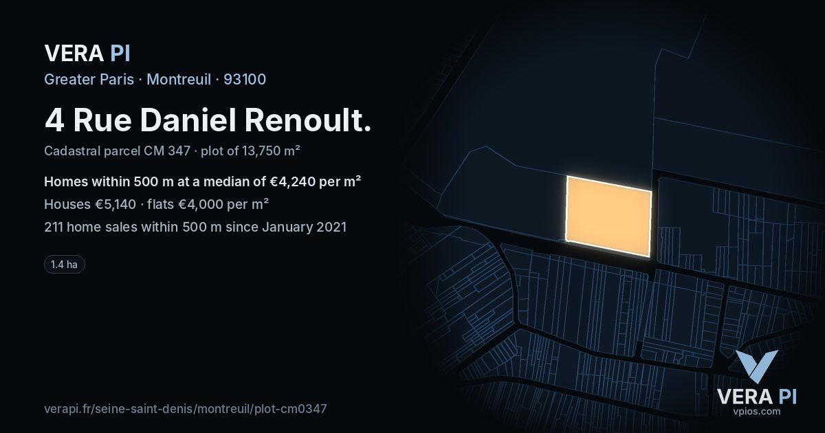 4 Rue Daniel Renoult, Montreuil at night – the plot lit, the parcels around coloured by the prices near them