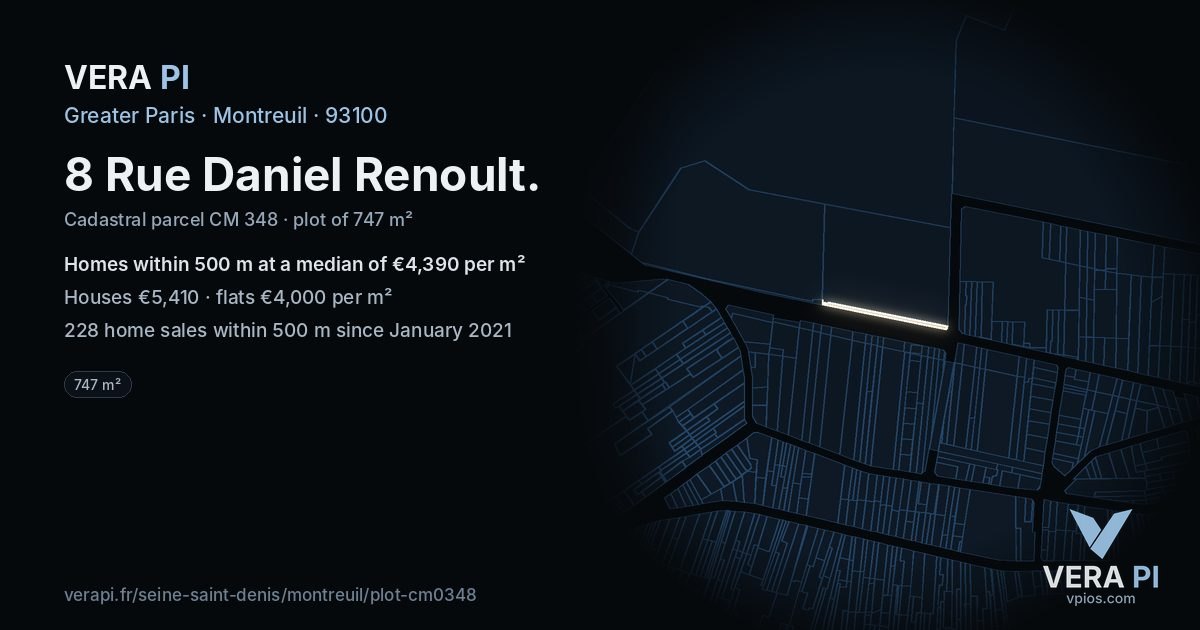 8 Rue Daniel Renoult, Montreuil at night – the plot lit, the parcels around coloured by the prices near them