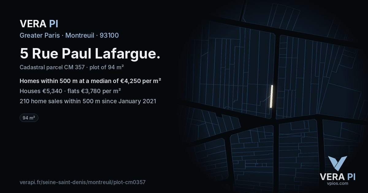 5 Rue Paul Lafargue, Montreuil at night – the plot lit, the parcels around coloured by the prices near them