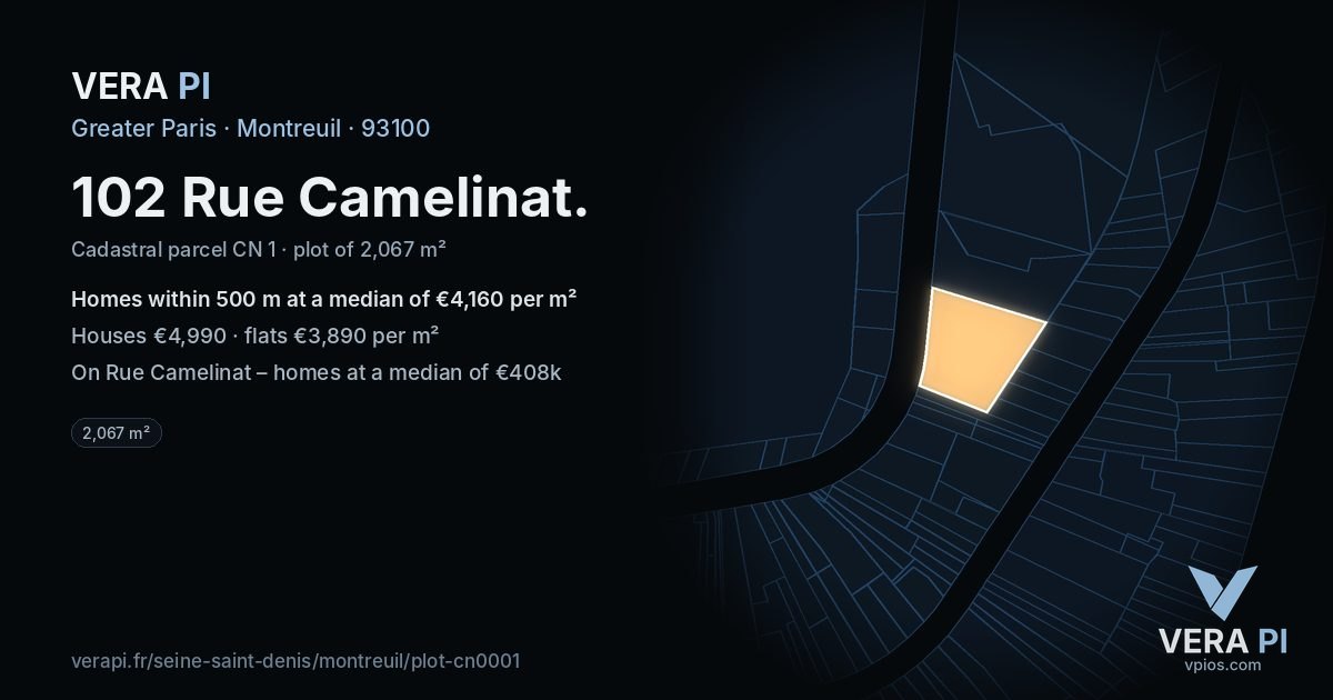 102 Rue Camelinat, Montreuil at night – the plot lit, the parcels around coloured by the prices near them