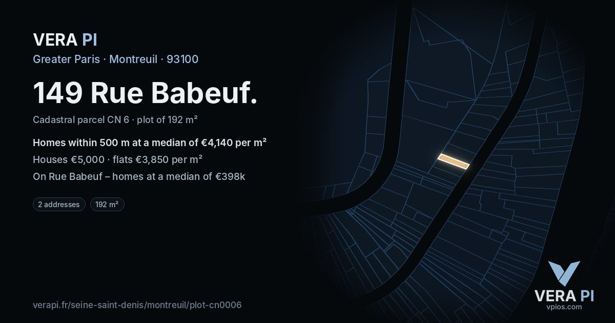 149 Rue Babeuf, Montreuil at night – the plot lit, the parcels around coloured by the prices near them