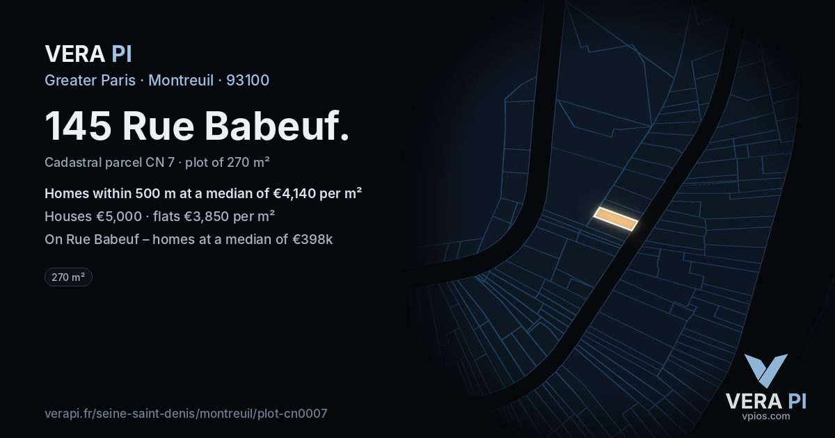 145 Rue Babeuf, Montreuil at night – the plot lit, the parcels around coloured by the prices near them