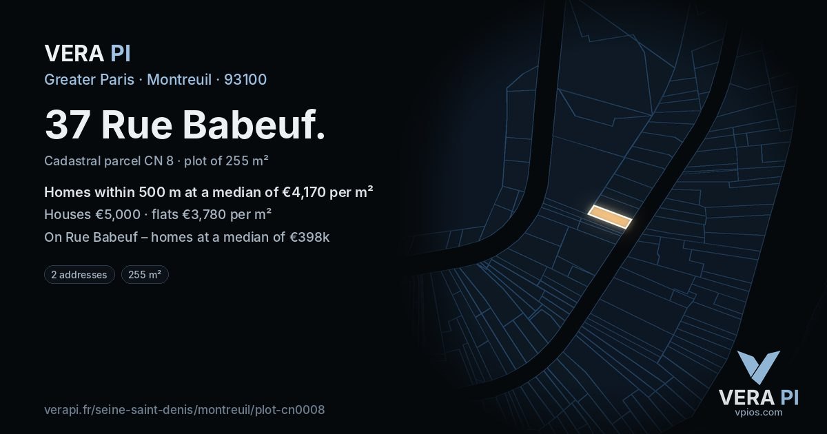 37 Rue Babeuf, Montreuil at night – the plot lit, the parcels around coloured by the prices near them