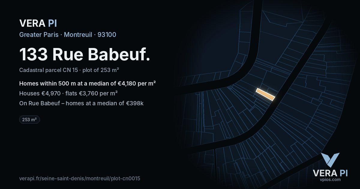 133 Rue Babeuf, Montreuil at night – the plot lit, the parcels around coloured by the prices near them