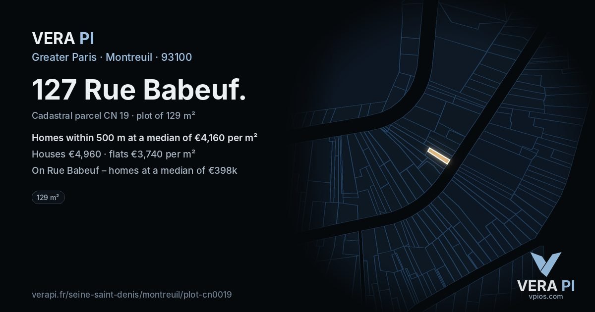 127 Rue Babeuf, Montreuil at night – the plot lit, the parcels around coloured by the prices near them