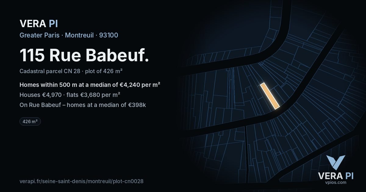 115 Rue Babeuf, Montreuil at night – the plot lit, the parcels around coloured by the prices near them