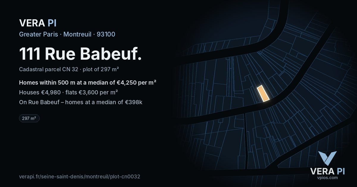111 Rue Babeuf, Montreuil at night – the plot lit, the parcels around coloured by the prices near them