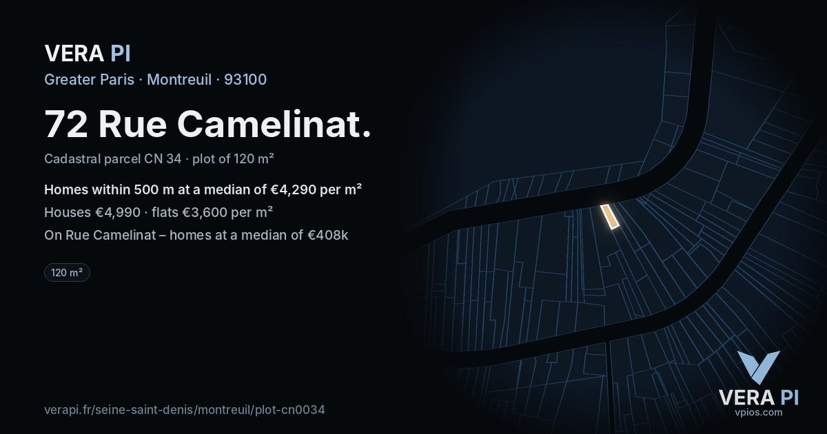 72 Rue Camelinat, Montreuil at night – the plot lit, the parcels around coloured by the prices near them