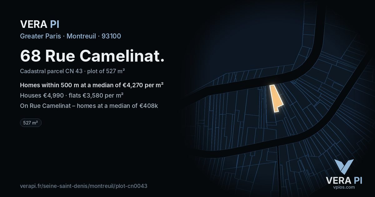 68 Rue Camelinat, Montreuil at night – the plot lit, the parcels around coloured by the prices near them