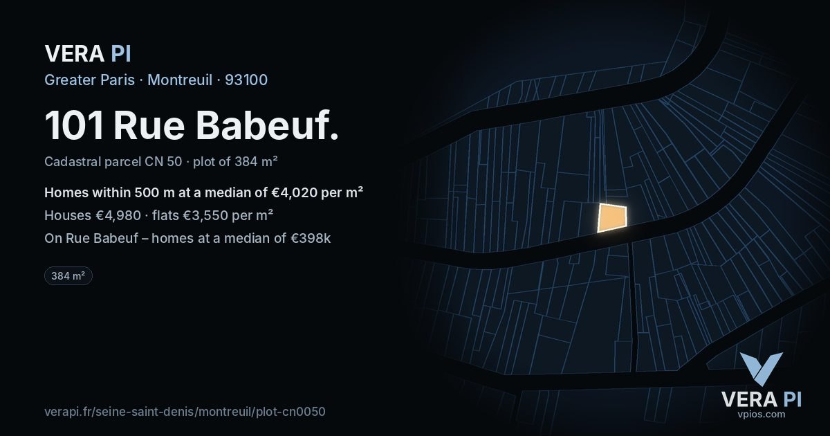 101 Rue Babeuf, Montreuil at night – the plot lit, the parcels around coloured by the prices near them