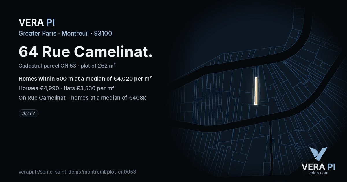 64 Rue Camelinat, Montreuil at night – the plot lit, the parcels around coloured by the prices near them