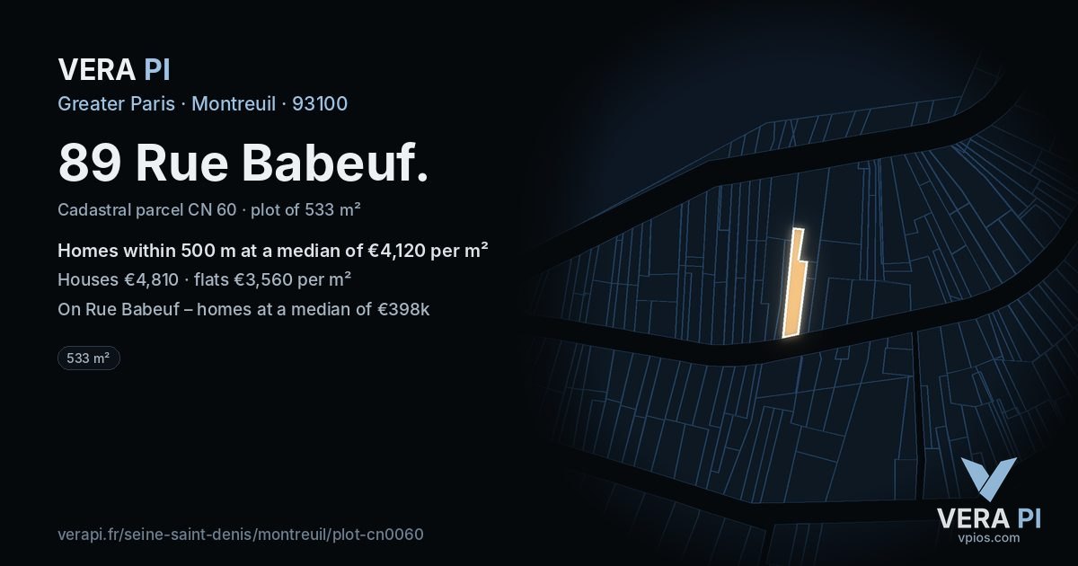 89 Rue Babeuf, Montreuil at night – the plot lit, the parcels around coloured by the prices near them