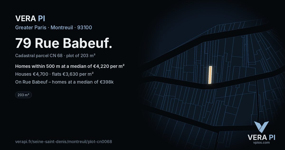 79 Rue Babeuf, Montreuil at night – the plot lit, the parcels around coloured by the prices near them