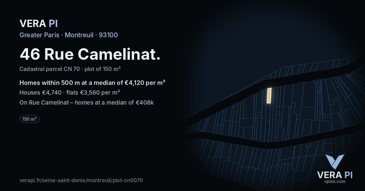 46 Rue Camelinat, Montreuil at night – the plot lit, the parcels around coloured by the prices near them