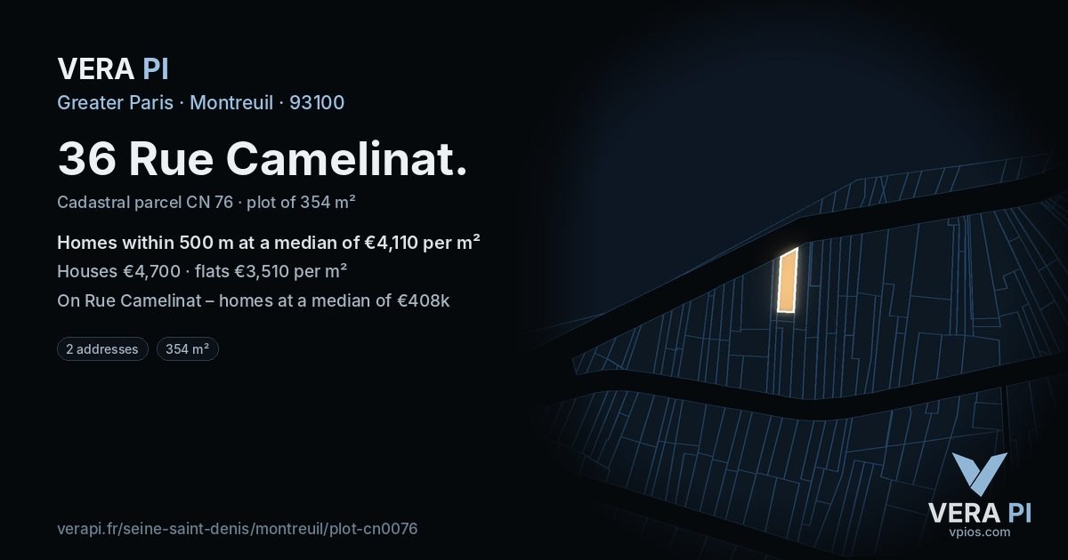 36 Rue Camelinat, Montreuil at night – the plot lit, the parcels around coloured by the prices near them