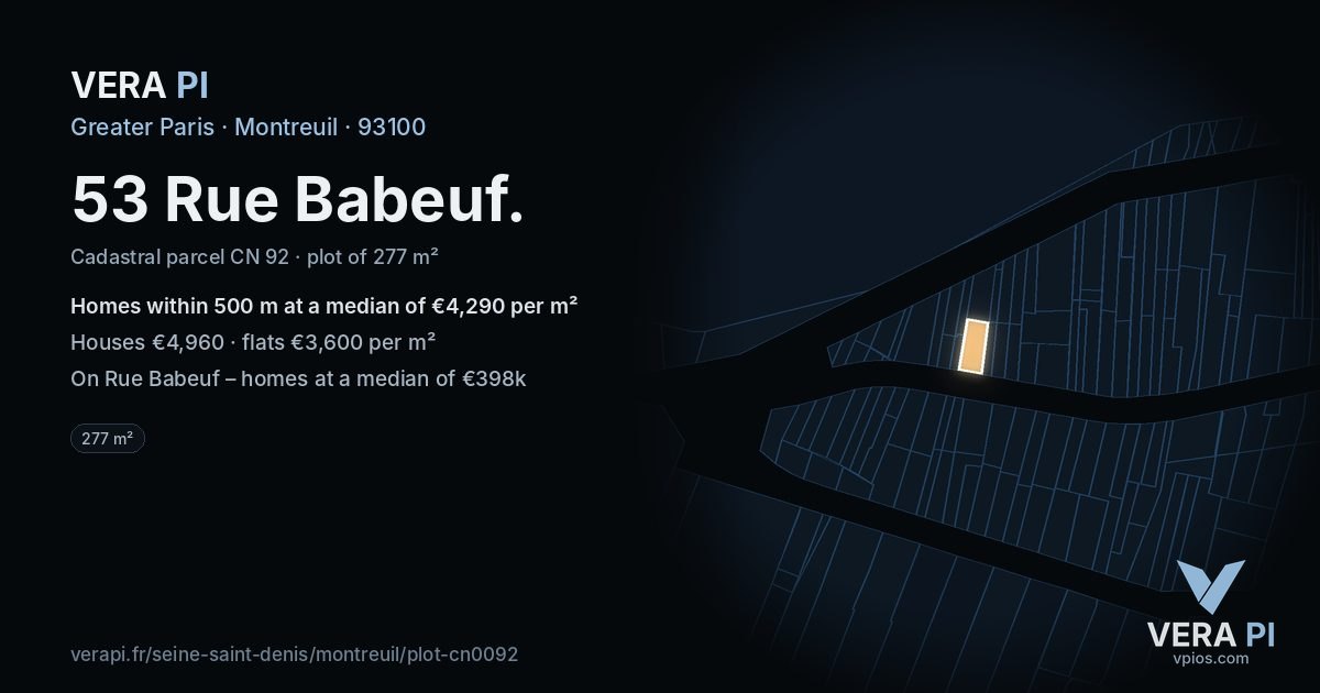 53 Rue Babeuf, Montreuil at night – the plot lit, the parcels around coloured by the prices near them