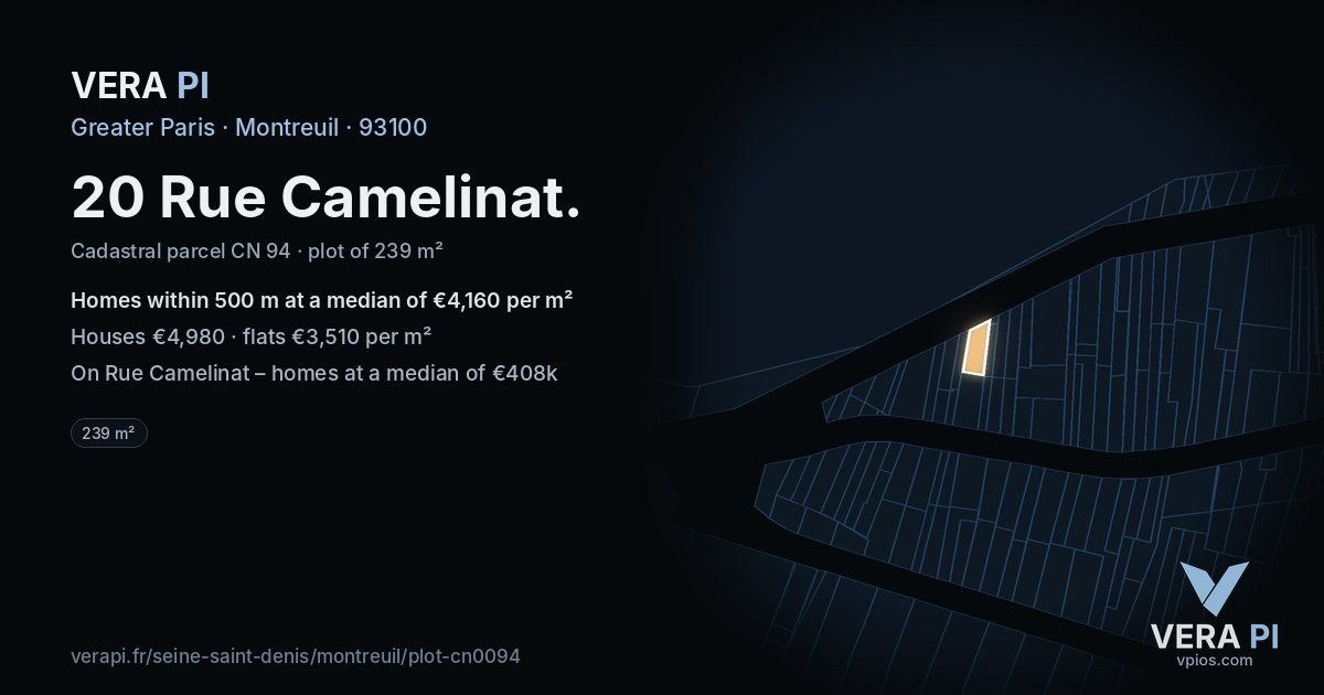 20 Rue Camelinat, Montreuil at night – the plot lit, the parcels around coloured by the prices near them