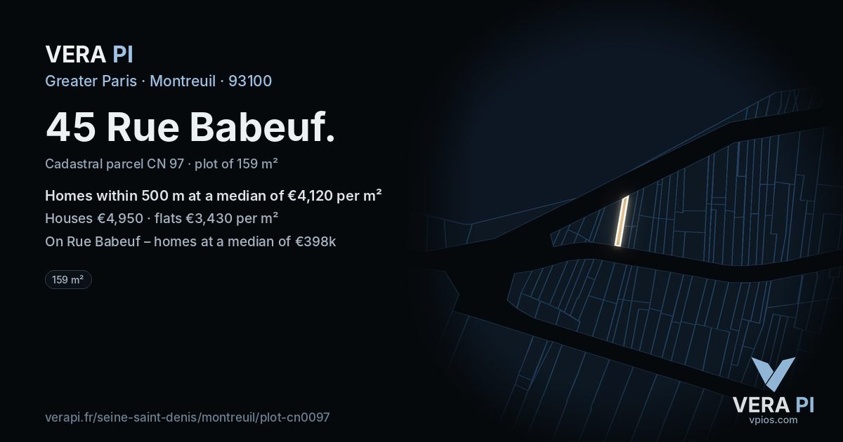 45 Rue Babeuf, Montreuil at night – the plot lit, the parcels around coloured by the prices near them