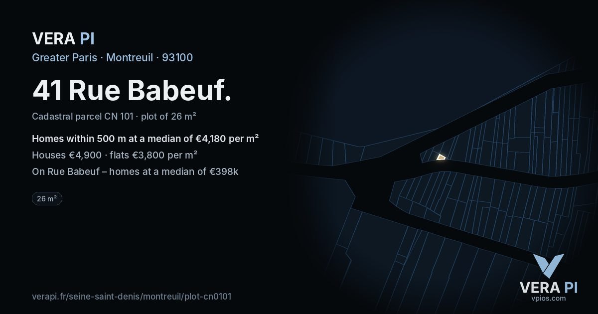 41 Rue Babeuf, Montreuil at night – the plot lit, the parcels around coloured by the prices near them