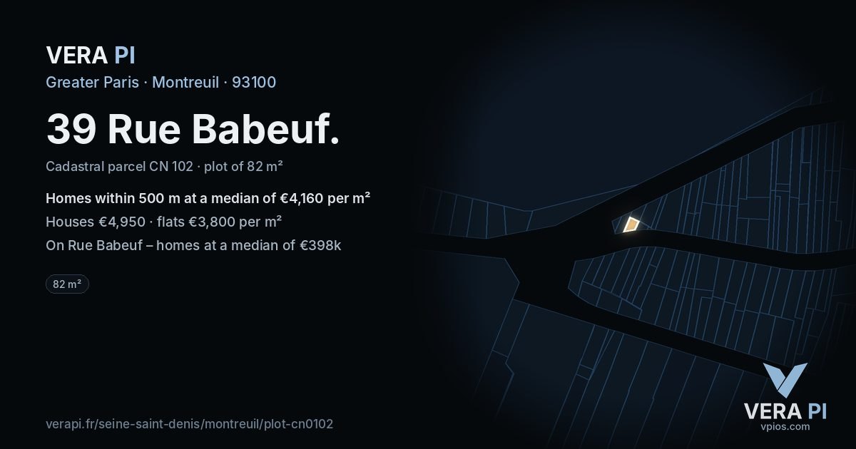 39 Rue Babeuf, Montreuil at night – the plot lit, the parcels around coloured by the prices near them