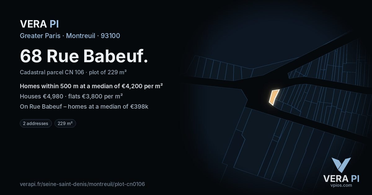 68 Rue Babeuf, Montreuil at night – the plot lit, the parcels around coloured by the prices near them
