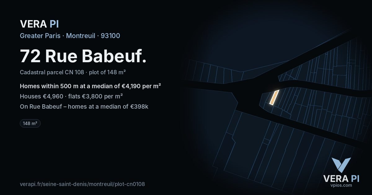 72 Rue Babeuf, Montreuil at night – the plot lit, the parcels around coloured by the prices near them