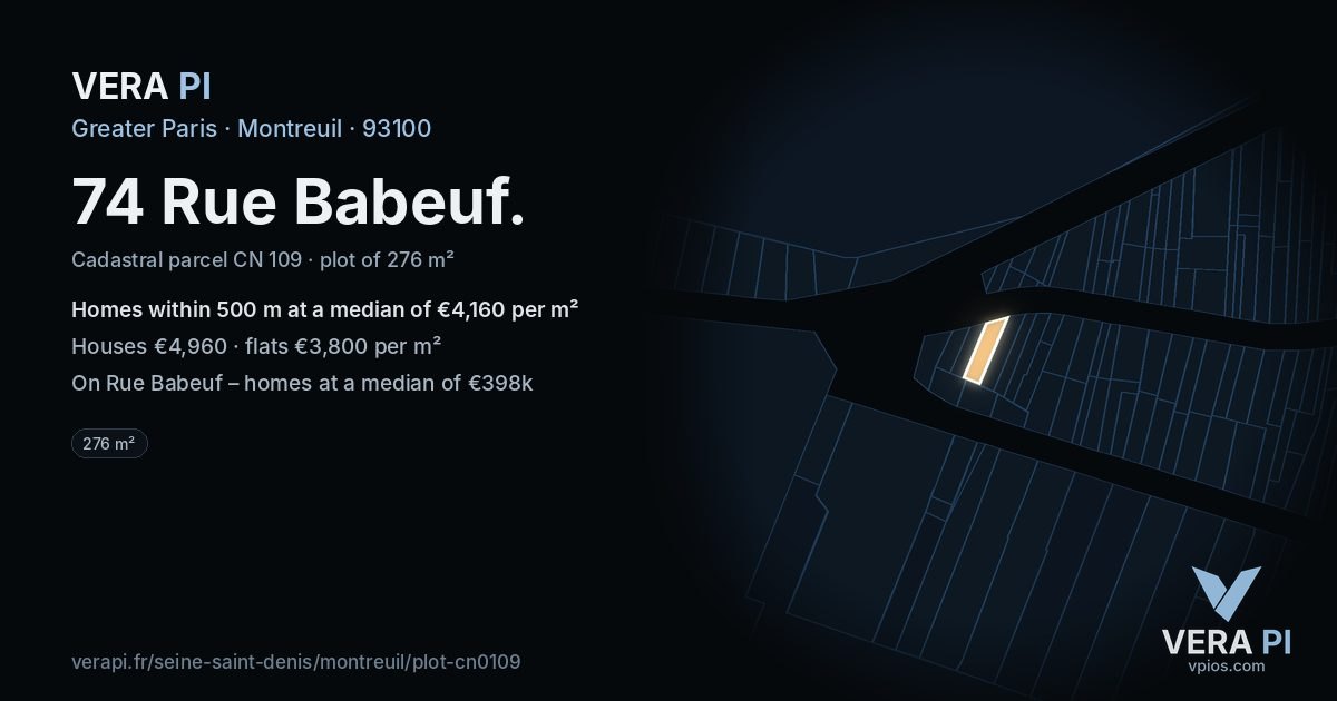 74 Rue Babeuf, Montreuil at night – the plot lit, the parcels around coloured by the prices near them