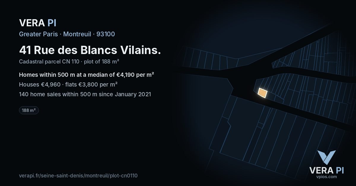 41 Rue des Blancs Vilains, Montreuil at night – the plot lit, the parcels around coloured by the prices near them