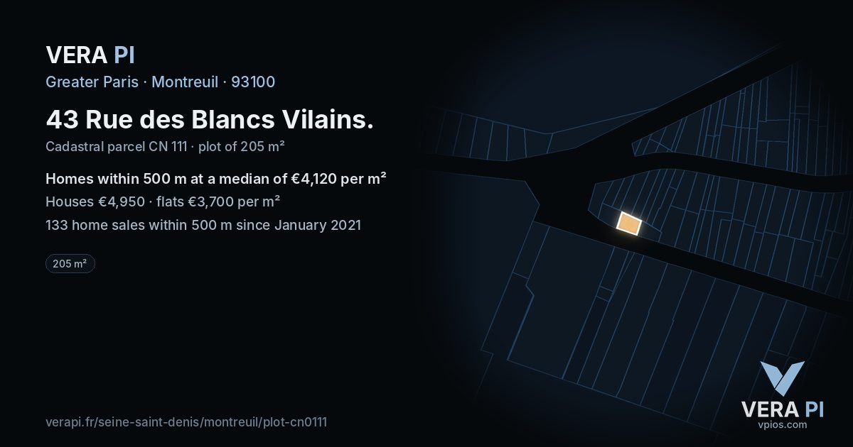 43 Rue des Blancs Vilains, Montreuil at night – the plot lit, the parcels around coloured by the prices near them