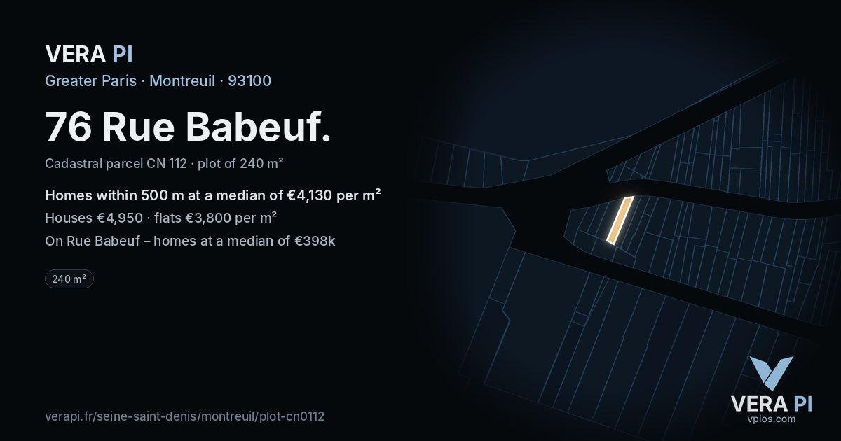 76 Rue Babeuf, Montreuil at night – the plot lit, the parcels around coloured by the prices near them