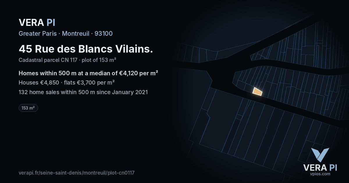 45 Rue des Blancs Vilains, Montreuil at night – the plot lit, the parcels around coloured by the prices near them