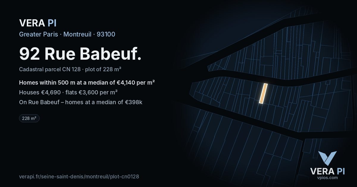 92 Rue Babeuf, Montreuil at night – the plot lit, the parcels around coloured by the prices near them