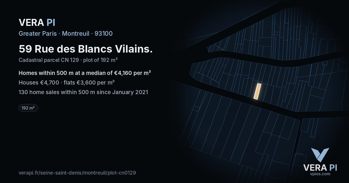 59 Rue des Blancs Vilains, Montreuil at night – the plot lit, the parcels around coloured by the prices near them