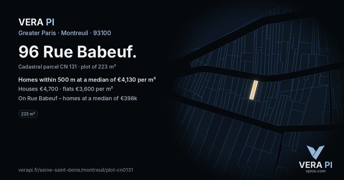 96 Rue Babeuf, Montreuil at night – the plot lit, the parcels around coloured by the prices near them